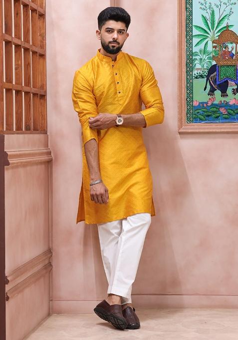 Yellow Woven Silk Kurta Set For Men