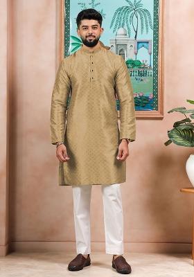 Brown Woven Silk Kurta Set For Men