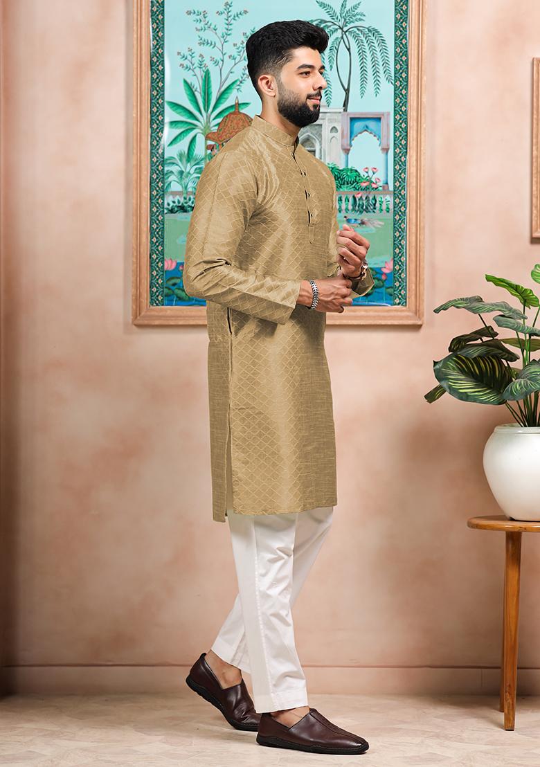 Brown Woven Silk Kurta Set For Men - Indya