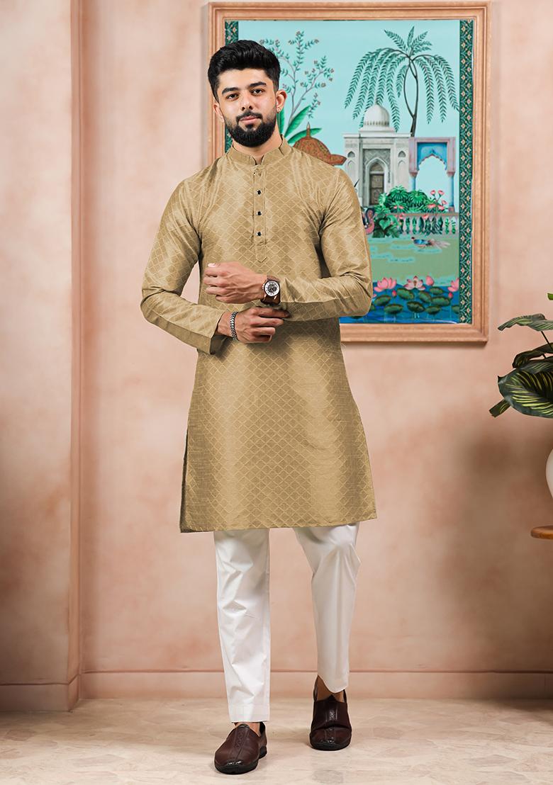 Brown Woven Silk Kurta Set For Men - Indya