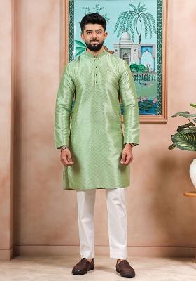 Green Woven Silk Kurta Set For Men