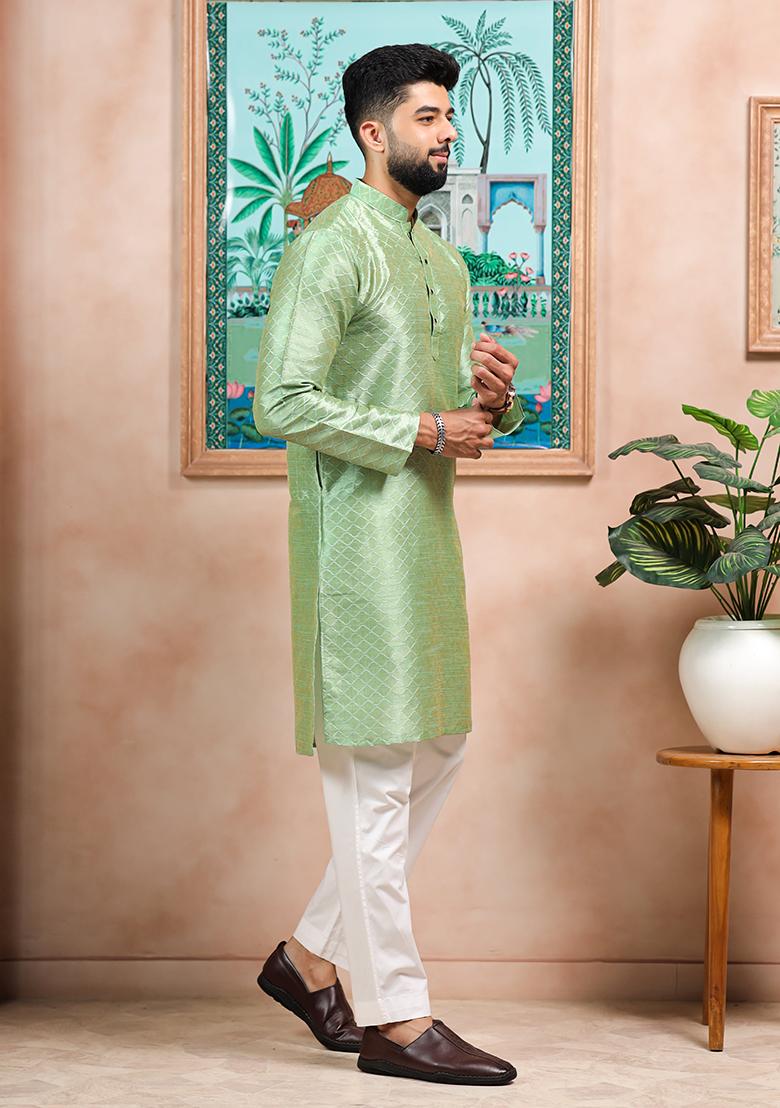 Green Woven Silk Kurta Set For Men - Indya