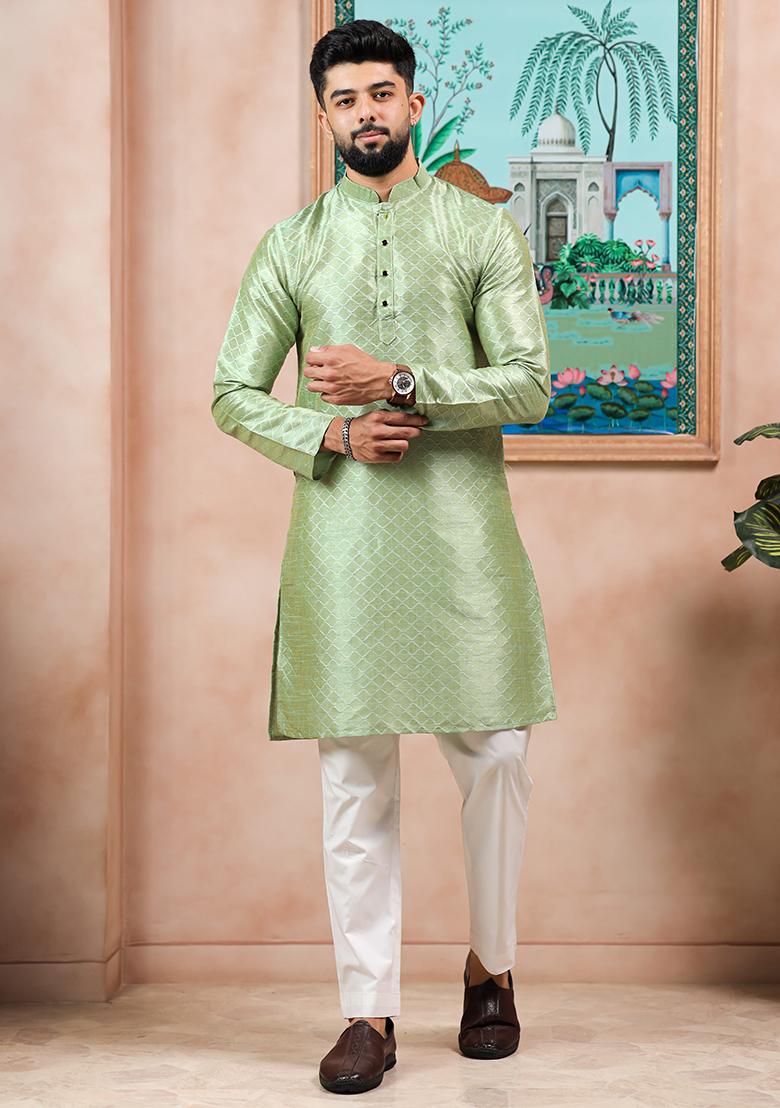 Green Woven Silk Kurta Set For Men - Indya