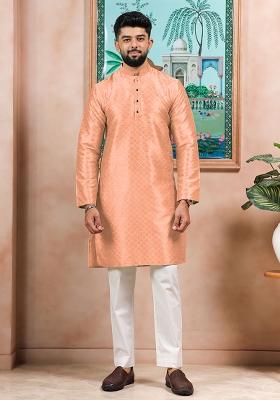 Peach Woven Silk Kurta Set For Men