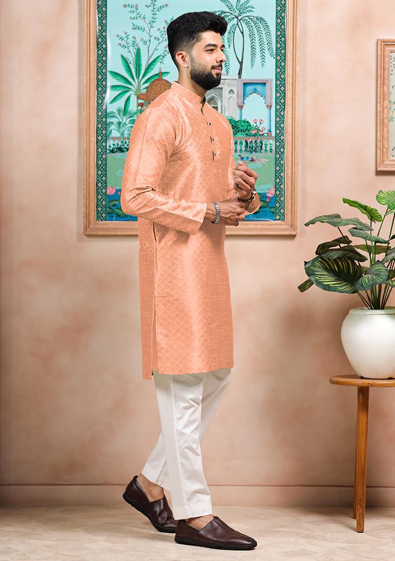 Peach Woven Silk Kurta Set For Men - Indya