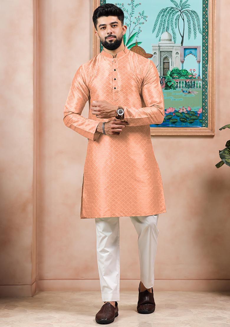 Peach Woven Silk Kurta Set For Men - Indya