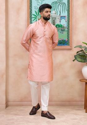 Pink Woven Silk Kurta Set For Men