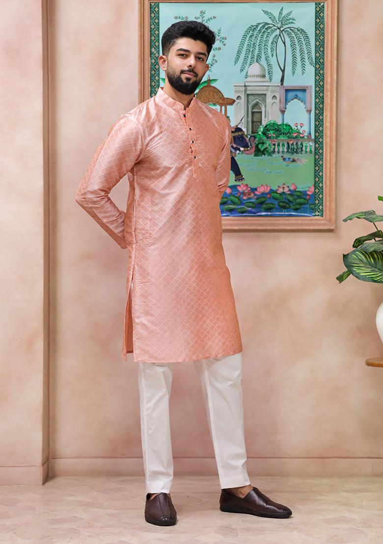 Pink Woven Silk Kurta Set For Men - Indya