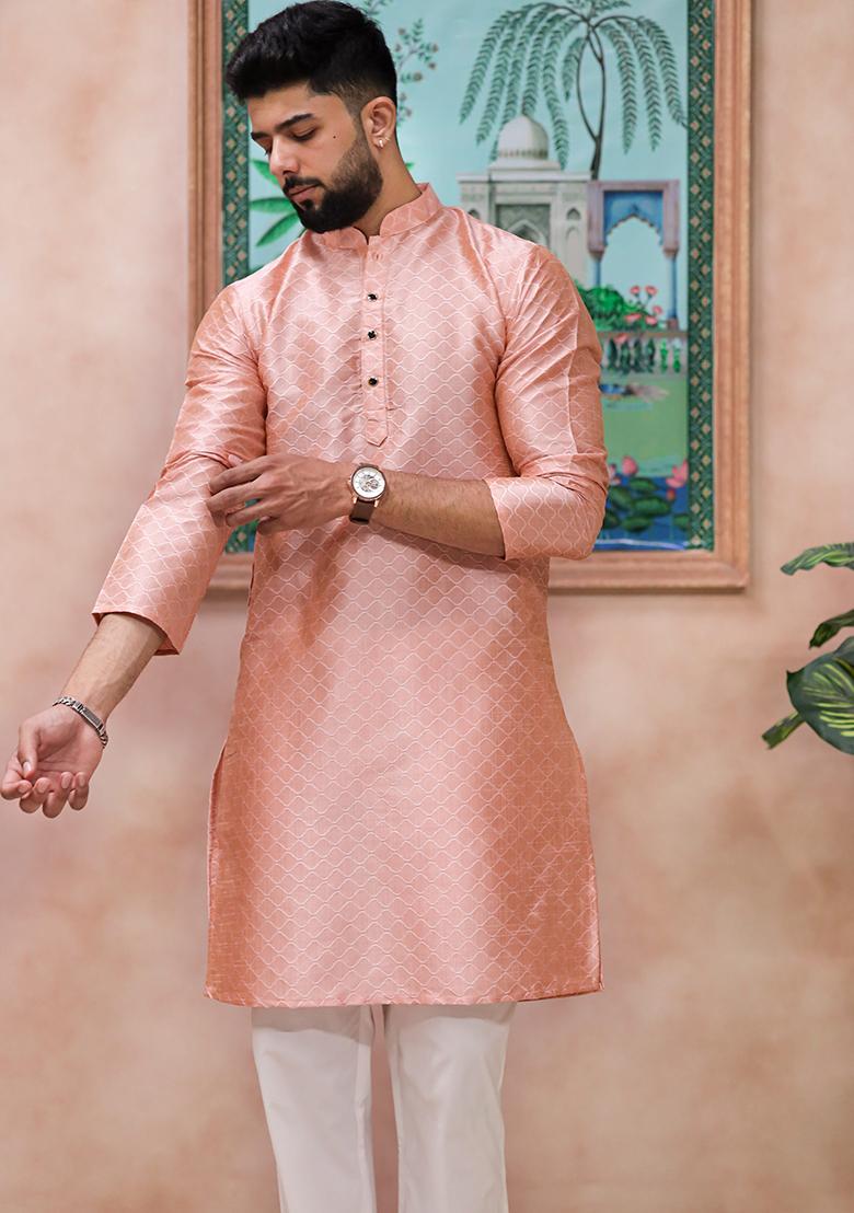 Pink Woven Silk Kurta Set For Men - Indya