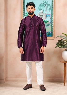 Wine Woven Silk Kurta Set For Men