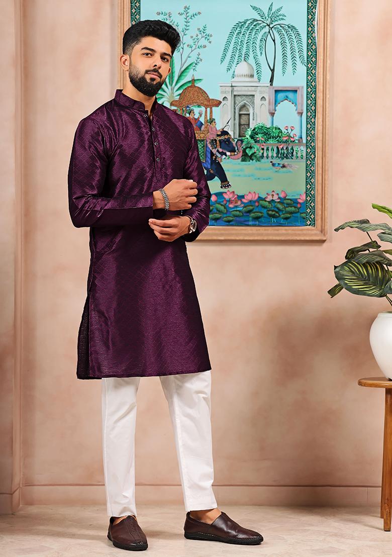 Wine Woven Silk Kurta Set For Men - Indya