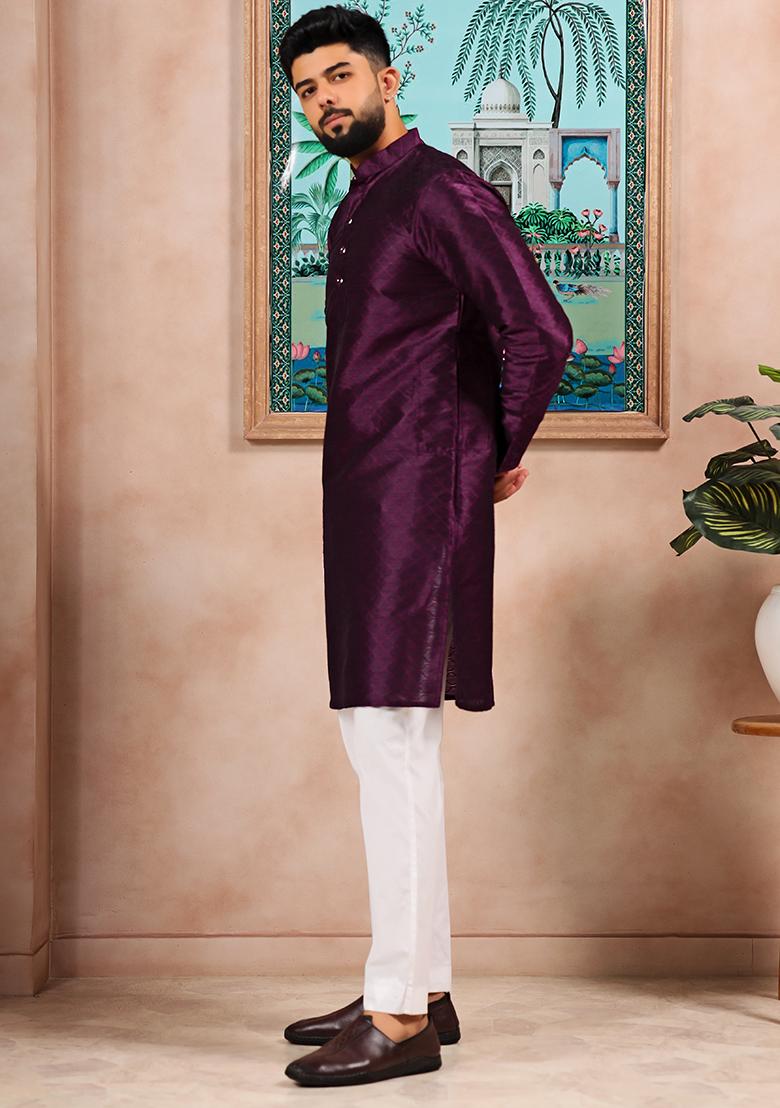 Wine Woven Silk Kurta Set For Men - Indya