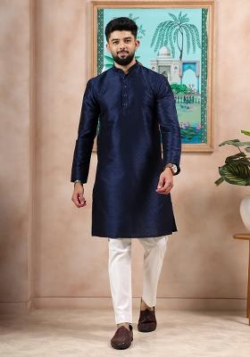 Navy Blue Woven Silk Kurta Set For Men
