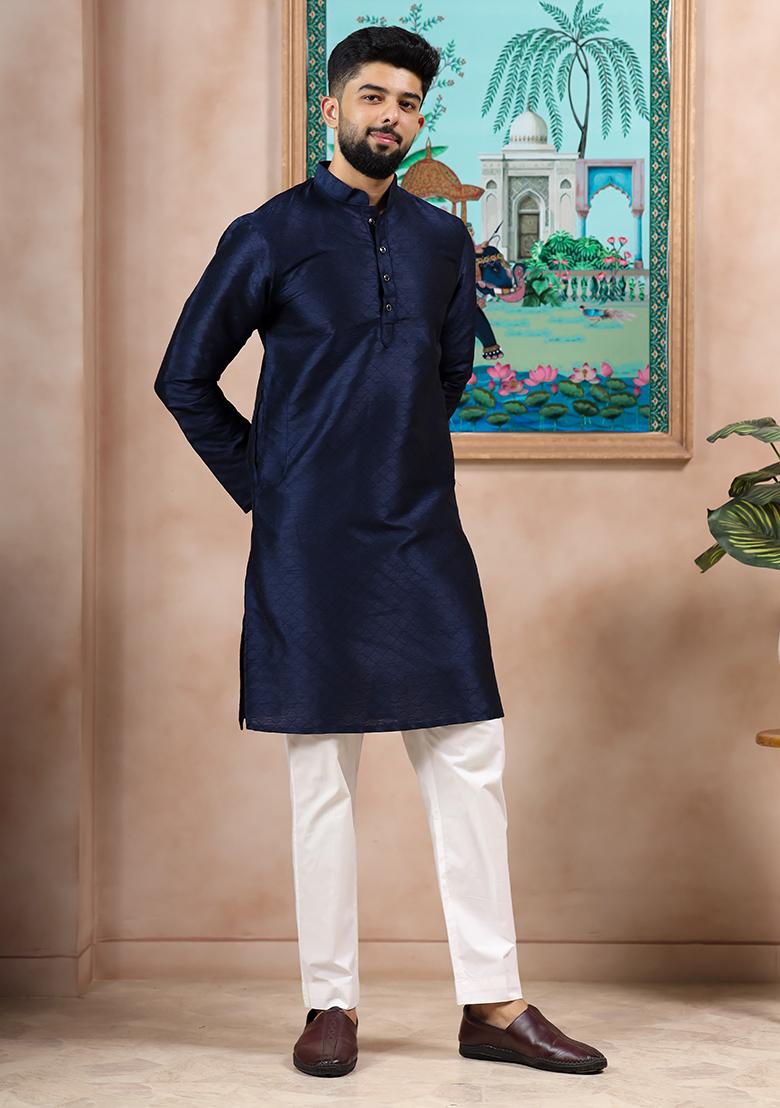 Navy Blue Woven Silk Kurta Set For Men - Indya