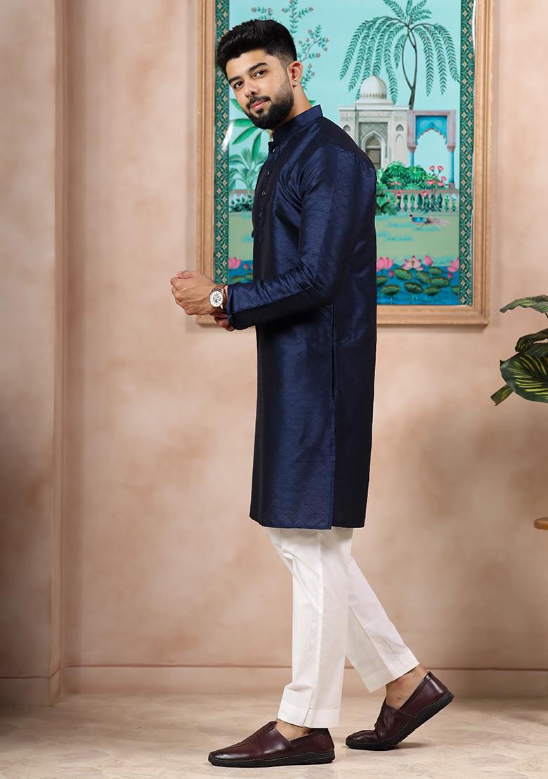 Navy Blue Woven Silk Kurta Set For Men - Indya