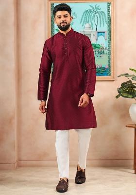 Maroon Woven Silk Kurta Set For Men