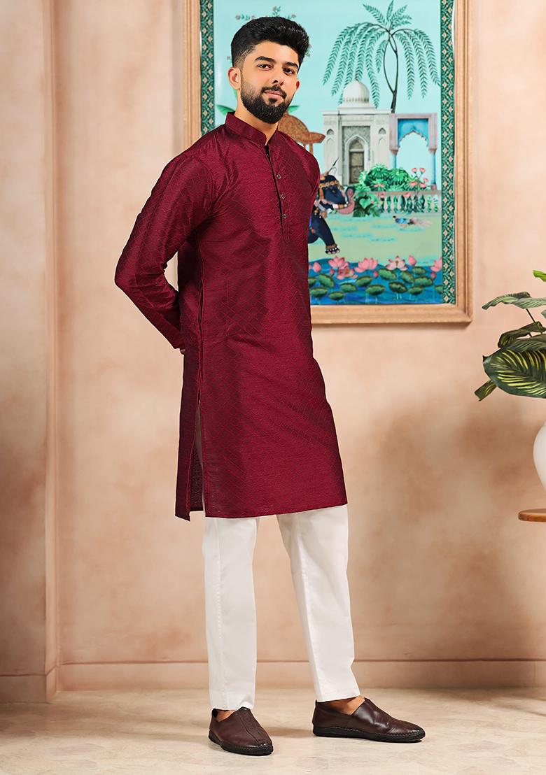 Maroon Woven Silk Kurta Set For Men - Indya