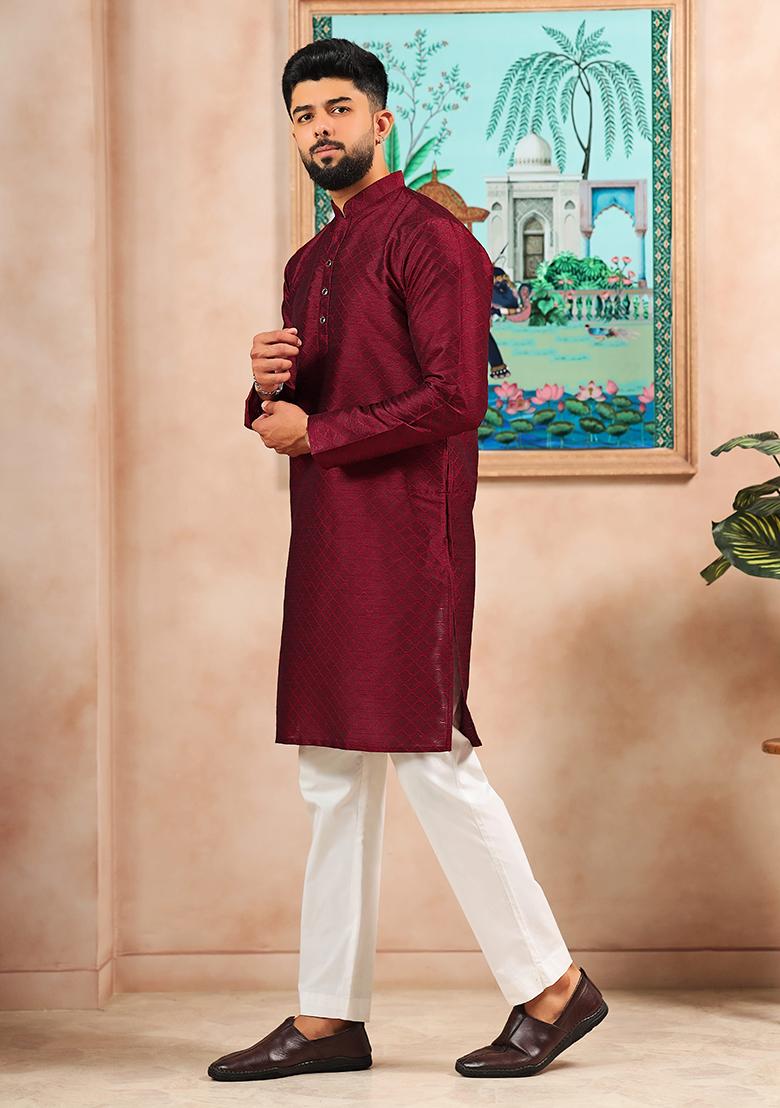 Maroon Woven Silk Kurta Set For Men - Indya