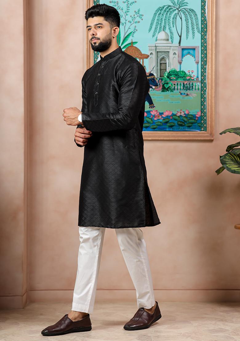 Black Woven Silk Kurta Set For Men - Indya