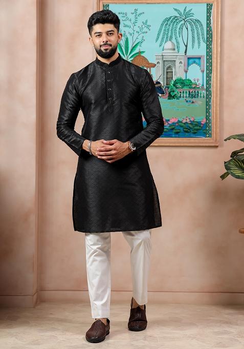 Black Woven Silk Kurta Set For Men