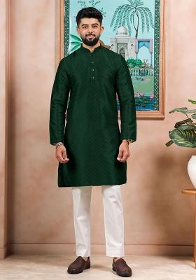 Green Woven Silk Kurta Set For Men