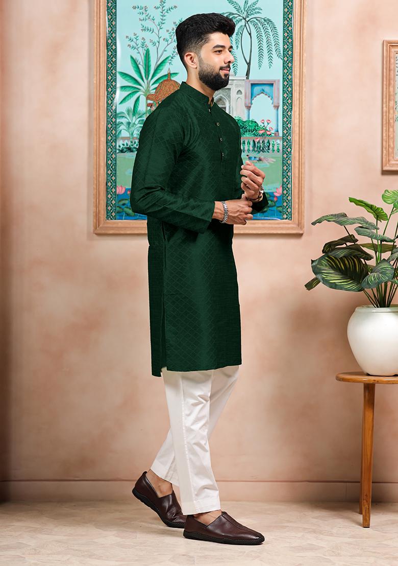 Green Woven Silk Kurta Set For Men - Indya