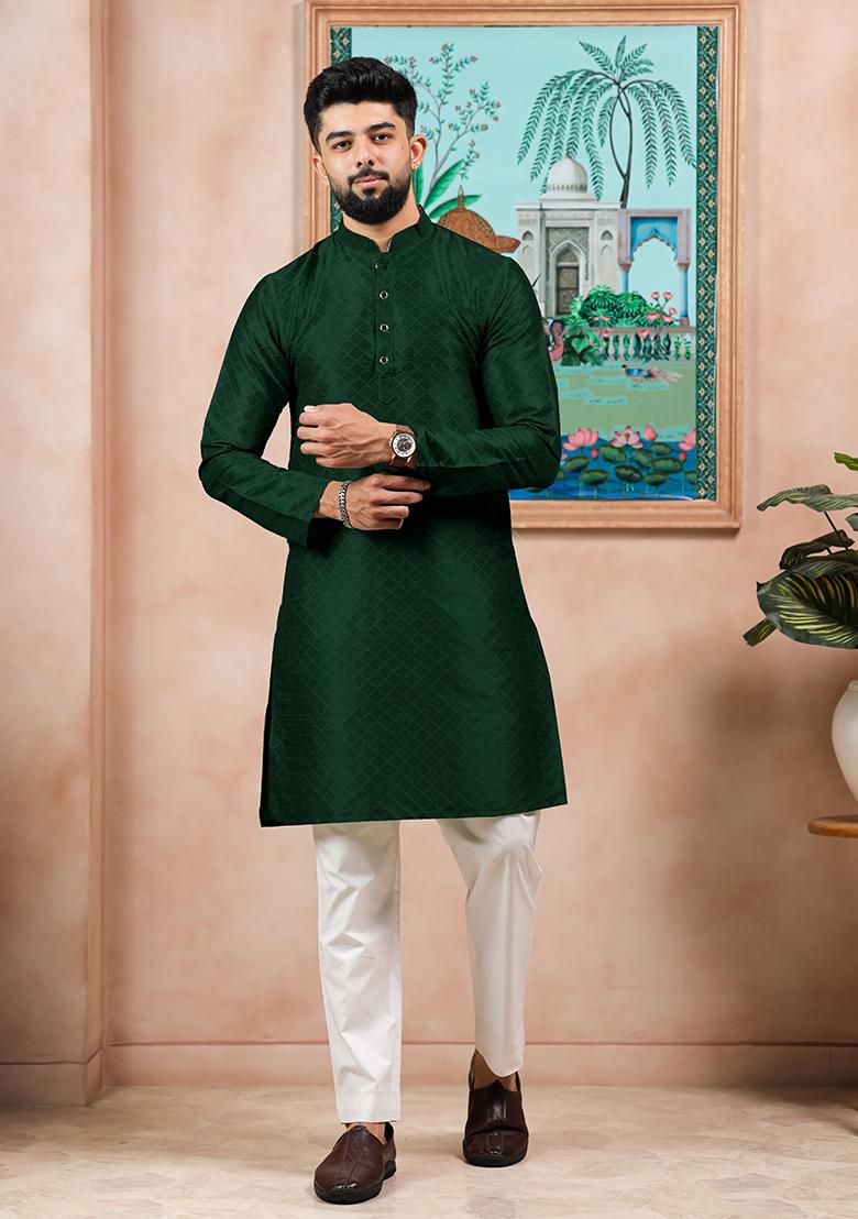 Green Woven Silk Kurta Set For Men - Indya