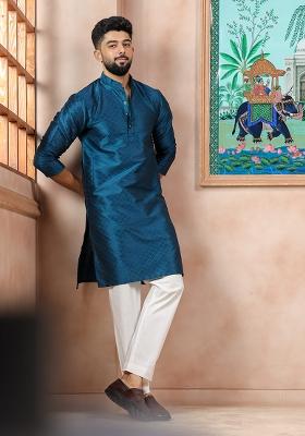 Teal Woven Silk Kurta Set For Men