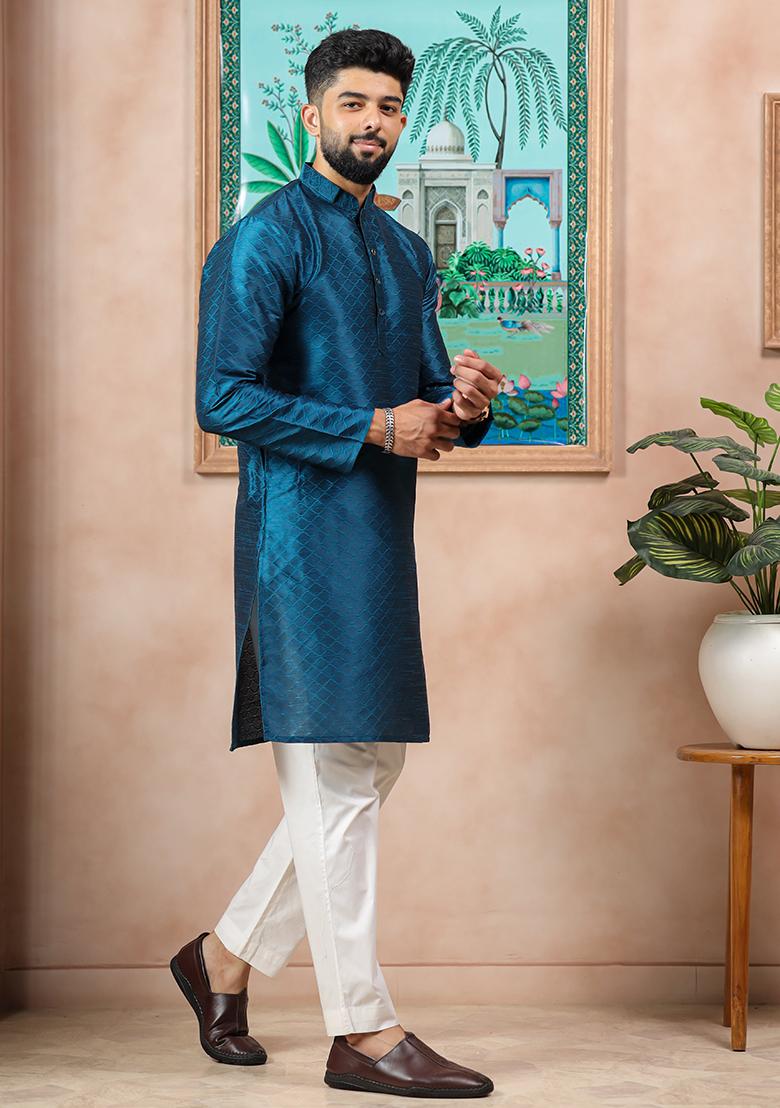 Teal Woven Silk Kurta Set For Men - Indya