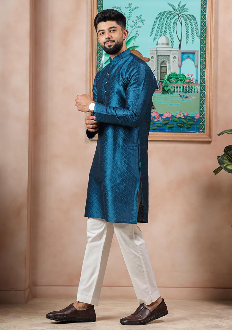 Teal Woven Silk Kurta Set For Men - Indya