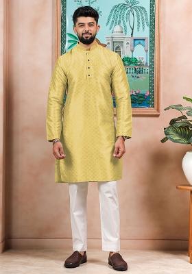 Lemon Woven Silk Kurta Set For Men