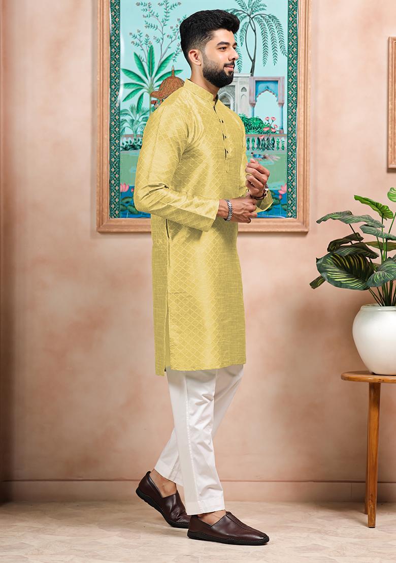 Lemon Woven Silk Kurta Set For Men - Indya