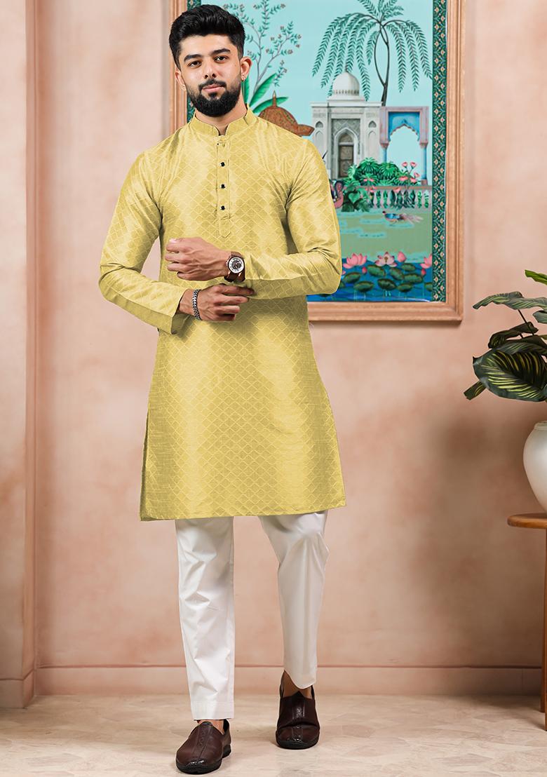 Lemon Woven Silk Kurta Set For Men - Indya