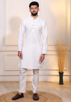 White Embroidered Cotton Blended Kurta Set For Men