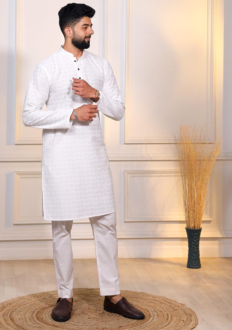 White Embroidered Cotton Blended Kurta Set For Men - Indya