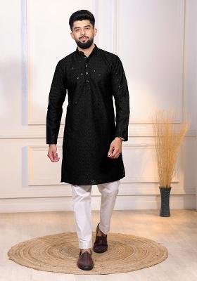 Black Embroidered Cotton Blended Kurta Set For Men