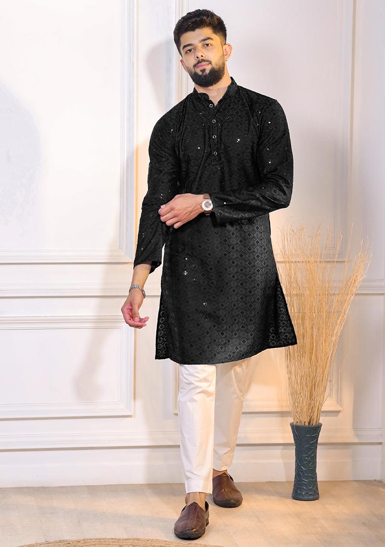 Black Embroidered Cotton Blended Kurta Set For Men - Indya