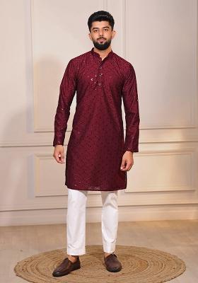 Maroon Embroidered Cotton Blended Kurta Set For Men