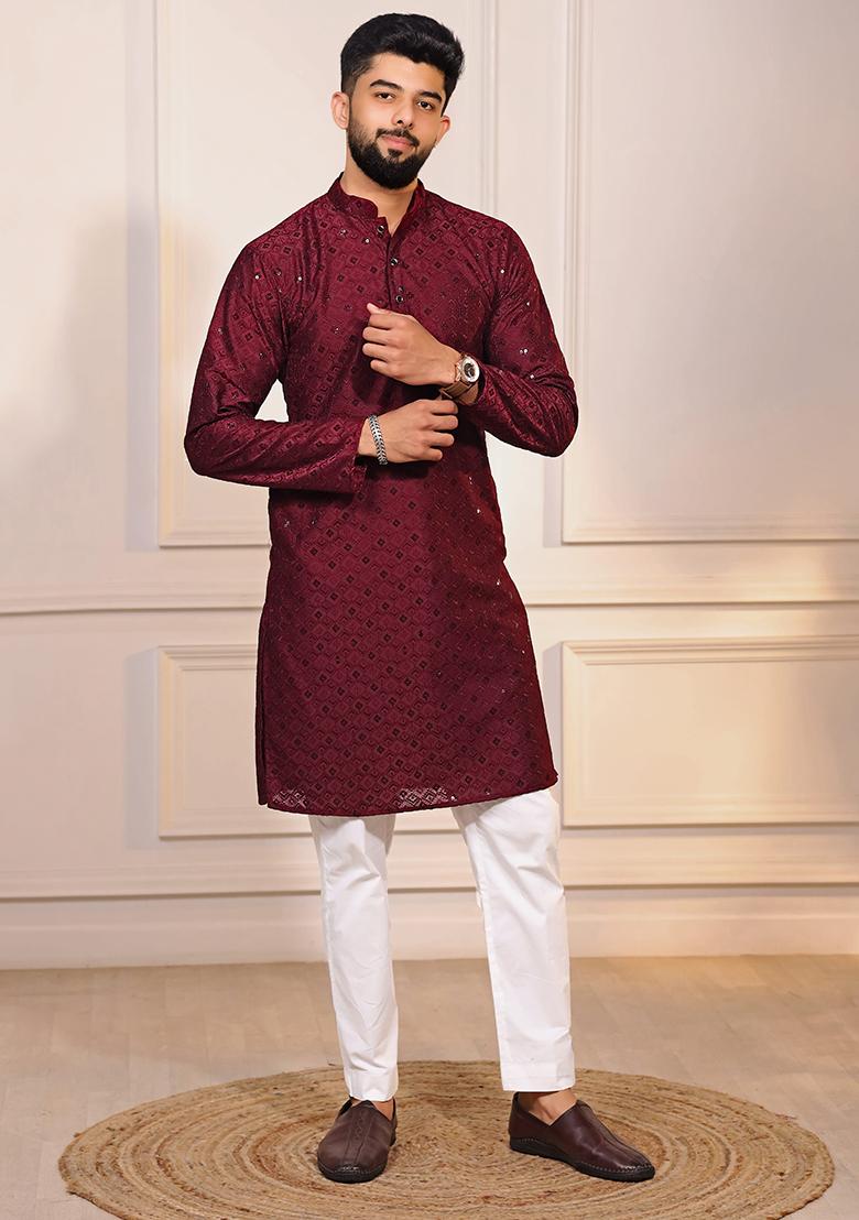 Maroon Embroidered Cotton Blended Kurta Set For Men - Indya