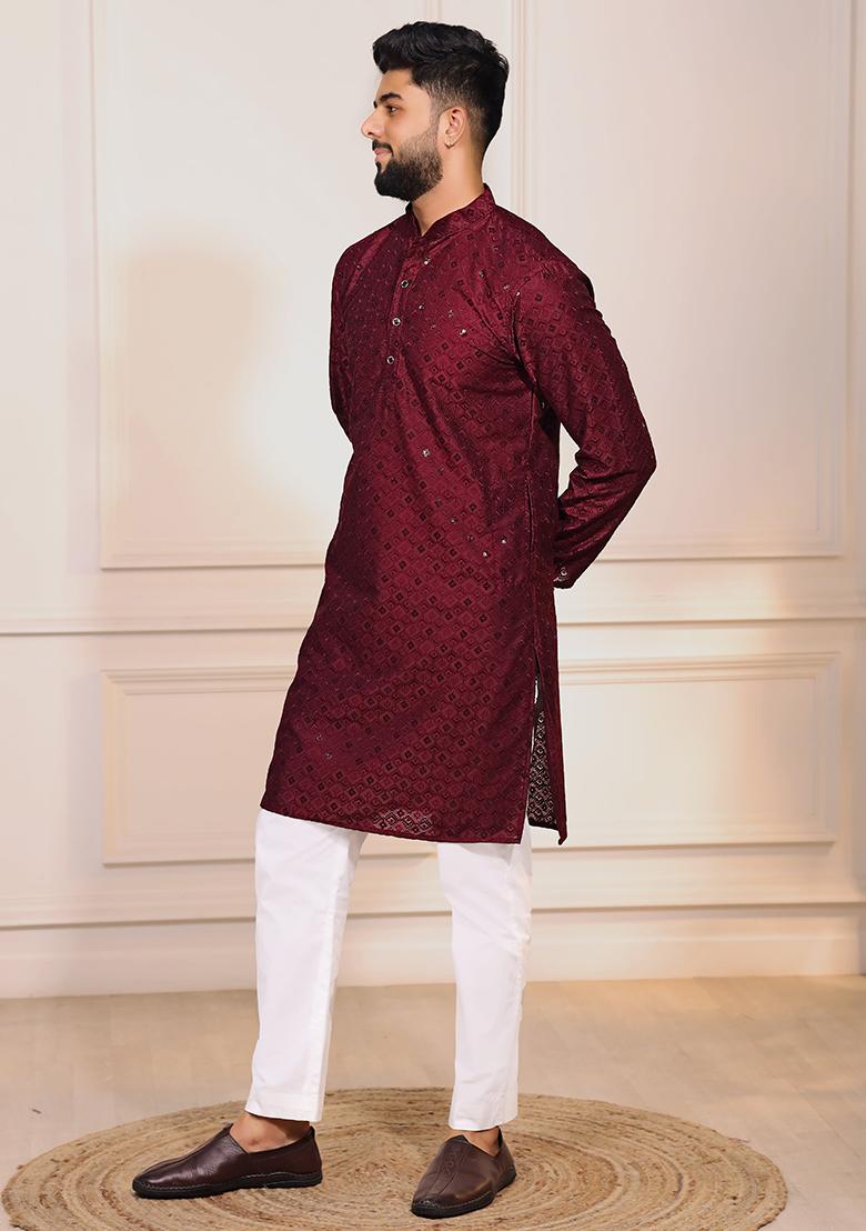 Maroon Embroidered Cotton Blended Kurta Set For Men - Indya