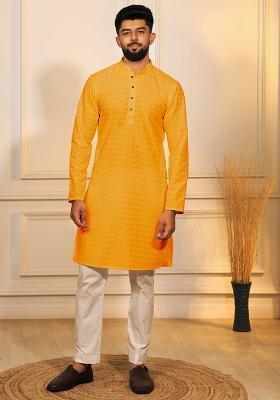 Yellow Embroidered Cotton Blended Kurta Set For Men