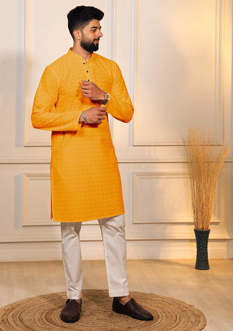 Yellow Embroidered Cotton Blended Kurta Set For Men - Indya