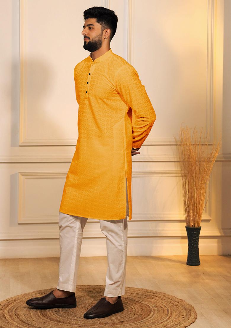 Yellow Embroidered Cotton Blended Kurta Set For Men - Indya