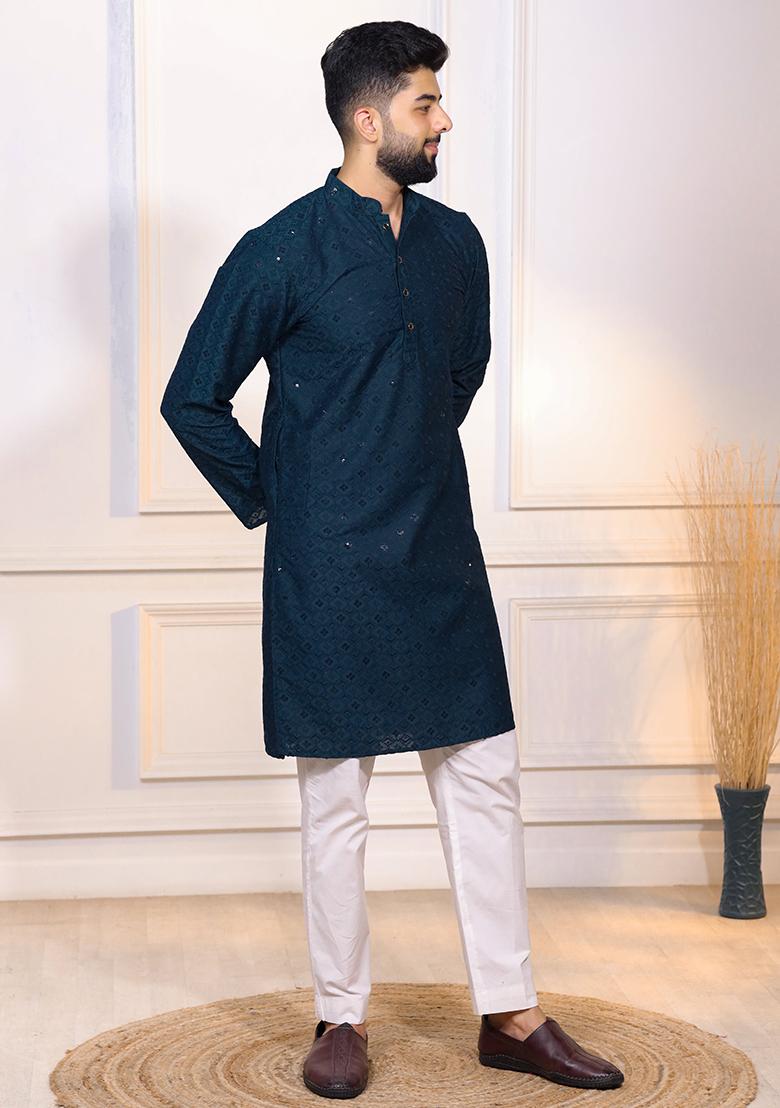 Teal Embroidered Cotton Blended Kurta Set For Men - Indya