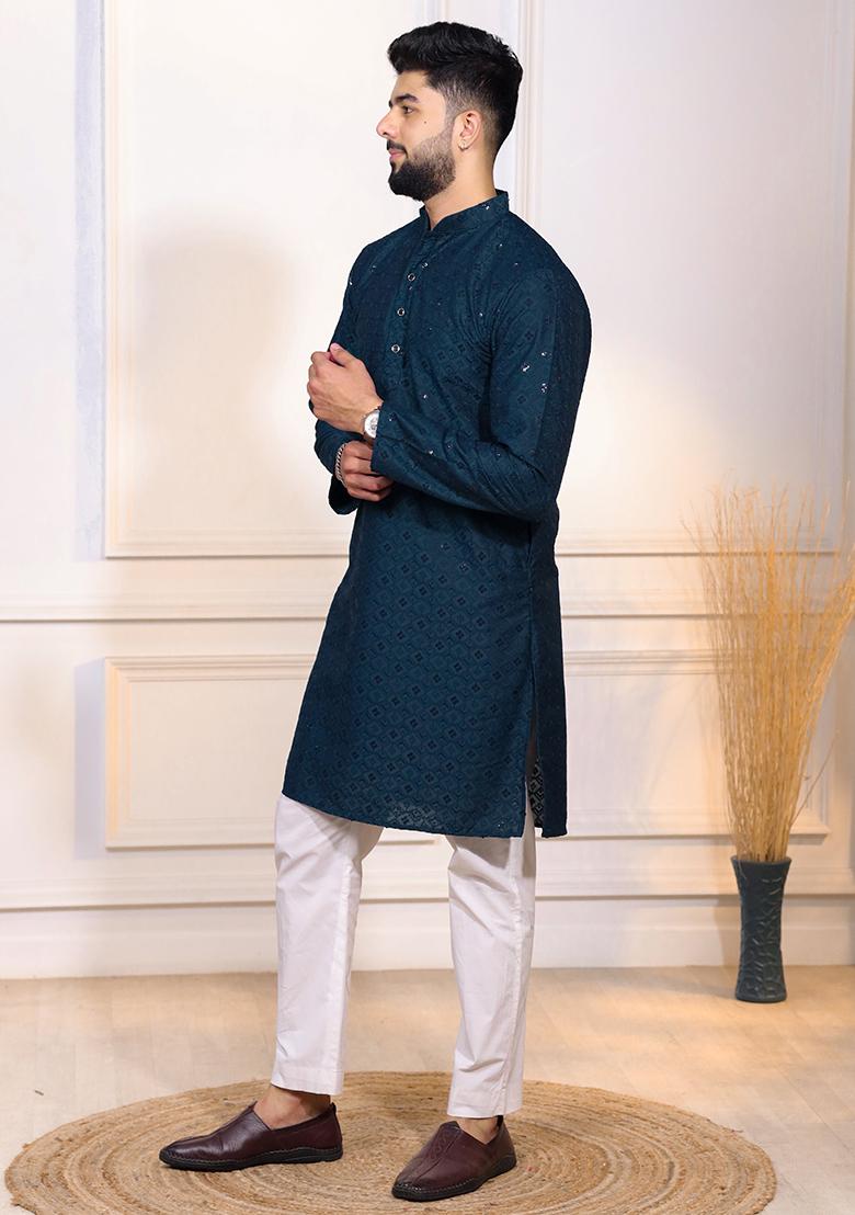 Teal Embroidered Cotton Blended Kurta Set For Men - Indya