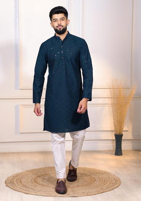 Teal Embroidered Cotton Blended Kurta Set For Men