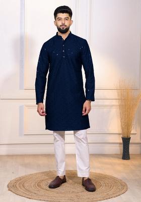 Blue Embroidered Cotton Blended Kurta Set For Men