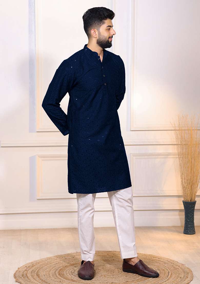 Blue Embroidered Cotton Blended Kurta Set For Men - Indya
