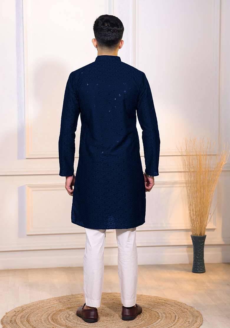 Blue Embroidered Cotton Blended Kurta Set For Men - Indya