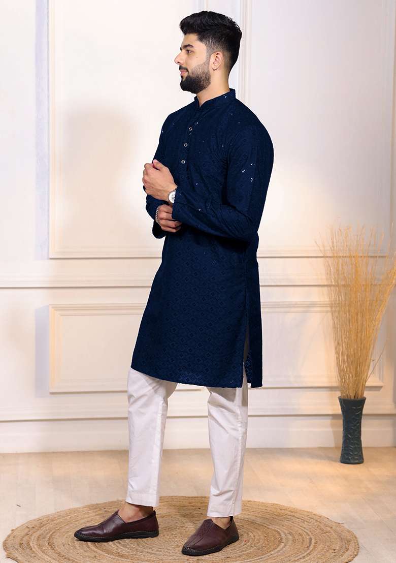 Blue Embroidered Cotton Blended Kurta Set For Men - Indya